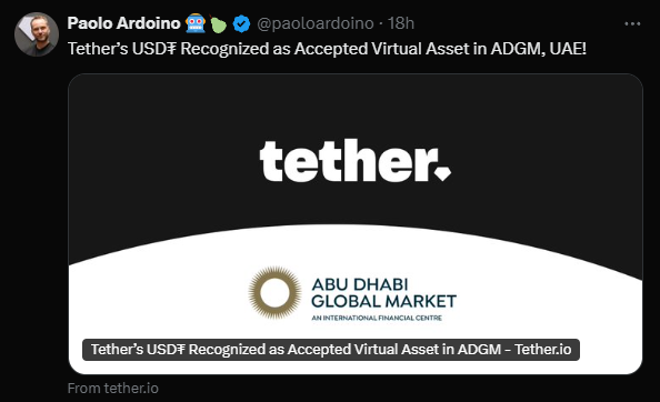 Tweet do CEO da Tether, Paolo Ardoino, celebrando a recente aprovação do Tether USD (USDT) como Ativo Virtual Aceito (AVA) na Autoridade Reguladora de Serviços Financeiros de Abu Dhabi, nos Emirados Árabes Unidos. A imagem inclui o logotipo da Tether e do Abu Dhabi Global Market, simbolizando um marco importante para a Tether e para a inovação em ativos digitais na região.