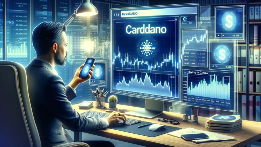 DALLC2B7E-2024-03-04-06.59.44-Create-a-3-2-aspect-ratio-image-illustrating-an-article-about-buying-Cardano.-The-image-should-depict-an-investor-sitting-in-front-of-a-computer-rese-1470x840-1