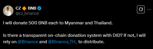 A imagem mostra um post do fundador da Binance, Changpeng Zhao (CZ), em sua conta no X (antigo Twitter). Na publicação, CZ anuncia que doará 500 BNB (token da Binance) para Myanmar e Tailândia, países atingidos por um terremoto. Ele questiona se existe um sistema transparente de doação on-chain usando DID (Identificação Descentralizada) e menciona que, caso não haja, recorrerá à @Binance e @Binance_TH_ para distribuir os recursos. O texto está em inglês, com o nome de usuário '@cz.binance' visível no topo.