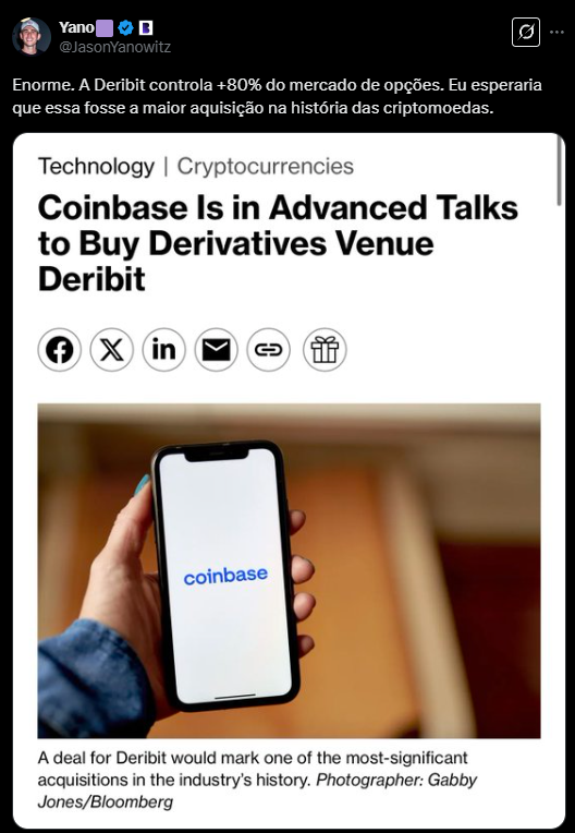 A imagem mostra uma captura de tela de um artigo intitulado "Coinbase Is in Advanced Talks to Buy Derivatives Venue Deribit", publicado na seção de Tecnologia e Criptomoedas. O texto destaca que a Coinbase está em negociações avançadas para adquirir a Deribit, uma das principais plataformas de derivativos de criptomoedas, com a Deribit controlando mais de 80% do mercado de opções. A possível aquisição é considerada uma das mais significativas na história das criptomoedas. A imagem inclui uma foto de Gabby Jones, creditada à Bloomberg, ilustrando a notícia.