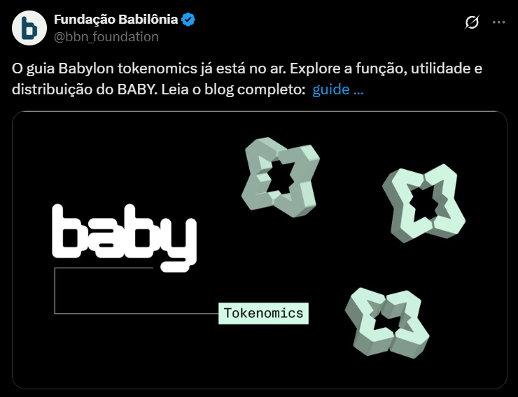 A imagem mostra um post da Fundação Babilônia (@bbn_foundation) em uma rede social, anunciando o lançamento do guia de tokenomics do projeto. O texto principal diz: "O guia Babylon tokenomics já está no ar. Explore a função, utilidade e distribuição do BABY. Leia o blog completo: guide...". Abaixo, há uma divisão com a palavra "الداخل" (que significa "interior" ou "dentro" em árabe) seguida por "Tokenomics" em inglês. O visual sugere um card de rede social com fundo claro e texto em preto, possivelmente acompanhado de elementos gráficos mínimos, como linhas ou ícones discretos.
