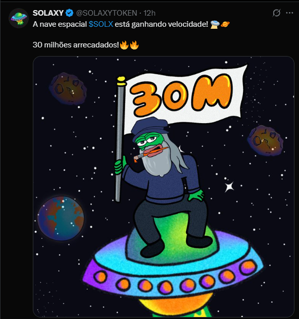 A imagem mostra um tweet oficial da conta @SOLAXYTOKEN com o texto 'A nave espacial SSOLX está ganhando velocidade! 30 milhões arrecadados!', acompanhado por um gráfico ilustrativo que exibe o número '30M' em destaque, representando os 30 milhões de dólares alcançados na arrecadação. O visual remete a uma temática espacial, aludindo ao crescimento do projeto como uma nave em aceleração.