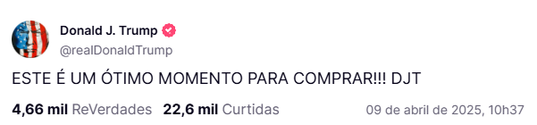 Print de tweet de Donald Trump (@realDonaldTrump) publicado em 9 de abril de 2025 às 10h37. O texto, em letras maiúsculas, diz: 'ESTE É UM ÓTIMO MOMENTO PARA COMPRAR!!! DJT'. A publicação contabiliza 4,66 mil retweets e 22,6 mil curtidas. As iniciais 'DJT' referem-se ao nome completo do ex-presidente, Donald John Trump.