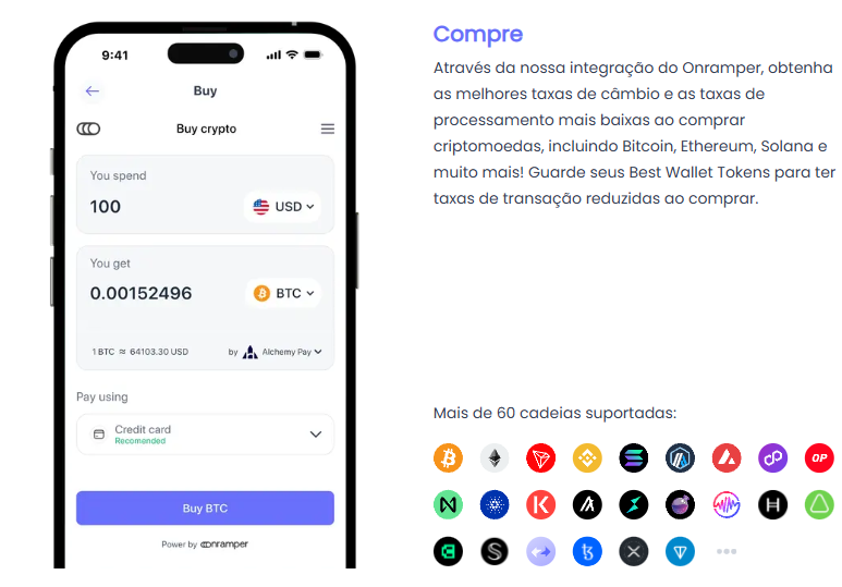 A imagem mostra uma interface de compra de criptomoedas via plataforma Onramper. No canto superior direito, há um relógio marcando 9:41. O texto principal exibe: "Buy crypto" (Comprar criptomoedas), com um campo onde o usuário pode inserir o valor em USD (100 dólares no exemplo) e visualizar a conversão para BTC (0,00152496 BTC, equivalente a ~64.103,30 USD por Bitcoin no câmbio atual). Abaixo, há a opção de pagamento via cartão de crédito (recomendado) e um botão "Buy BTC" (Comprar BTC). Na parte inferior, destaca-se a parceria com a Best Wallet, que oferece taxas reduzidas para quem possui seus tokens, e a informação de que mais de 60 blockchains são suportadas na compra. A marca "Powered by @cramper" (possível erro de digitação para "Onramper") aparece no rodapé.