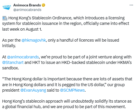 Parceria para stablecoin em Hong Kong - Fonte: Animoca Brands/X