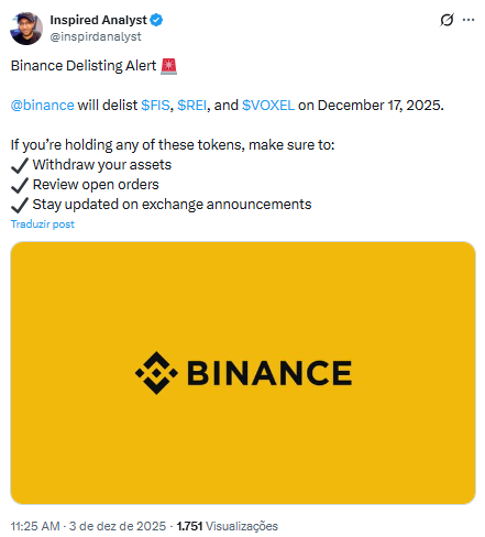 Binance deslista criptomoedas - Fonte: X