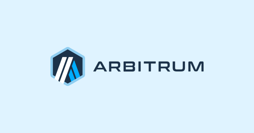 Arbitrum logo with stylized 'A' inside a hexagon on blue background.