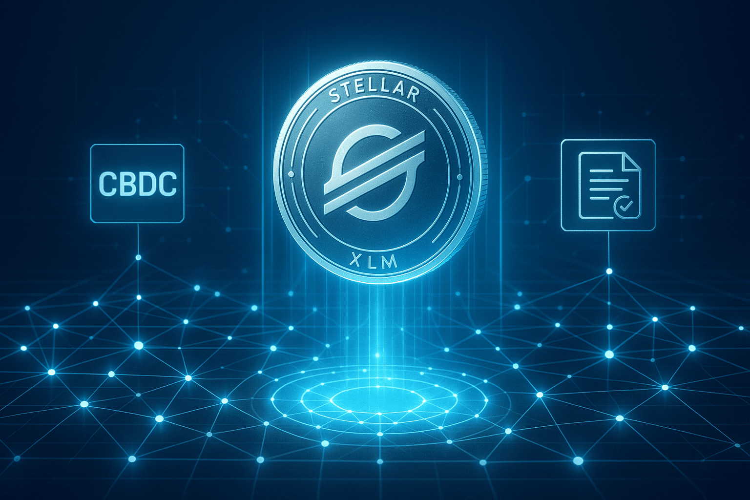 Digital illustration of Stellar XLM coin with CBDC and blockchain network.