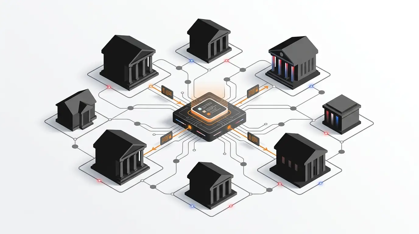 Editorial illustration of a blockchain network connecting U.S. banks for tokenized deposits