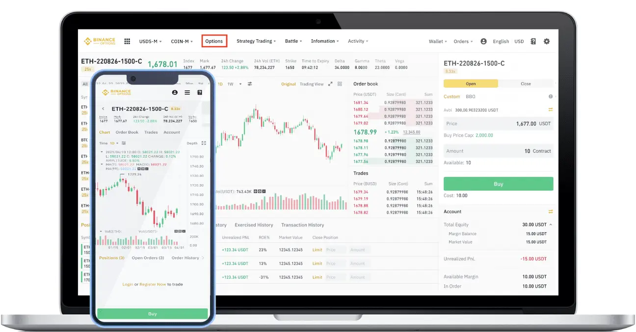 Binance options trading interface displayed on a laptop screen and a smartphone.