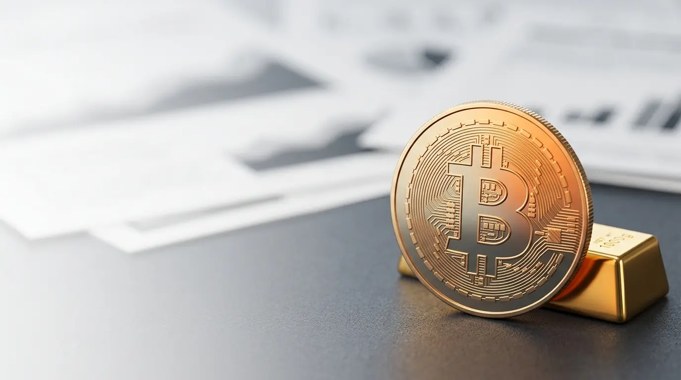 Bitcoin and gold beside blurred U.S. Treasury documents amid market uncertainty