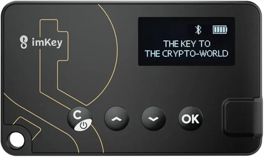 Black imKey hardware wallet with a small digital screen and physical buttons