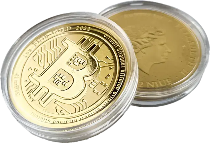 Two gold coins featuring the Bitcoin symbol and a royal portrait, encased in clear plastic protectors.