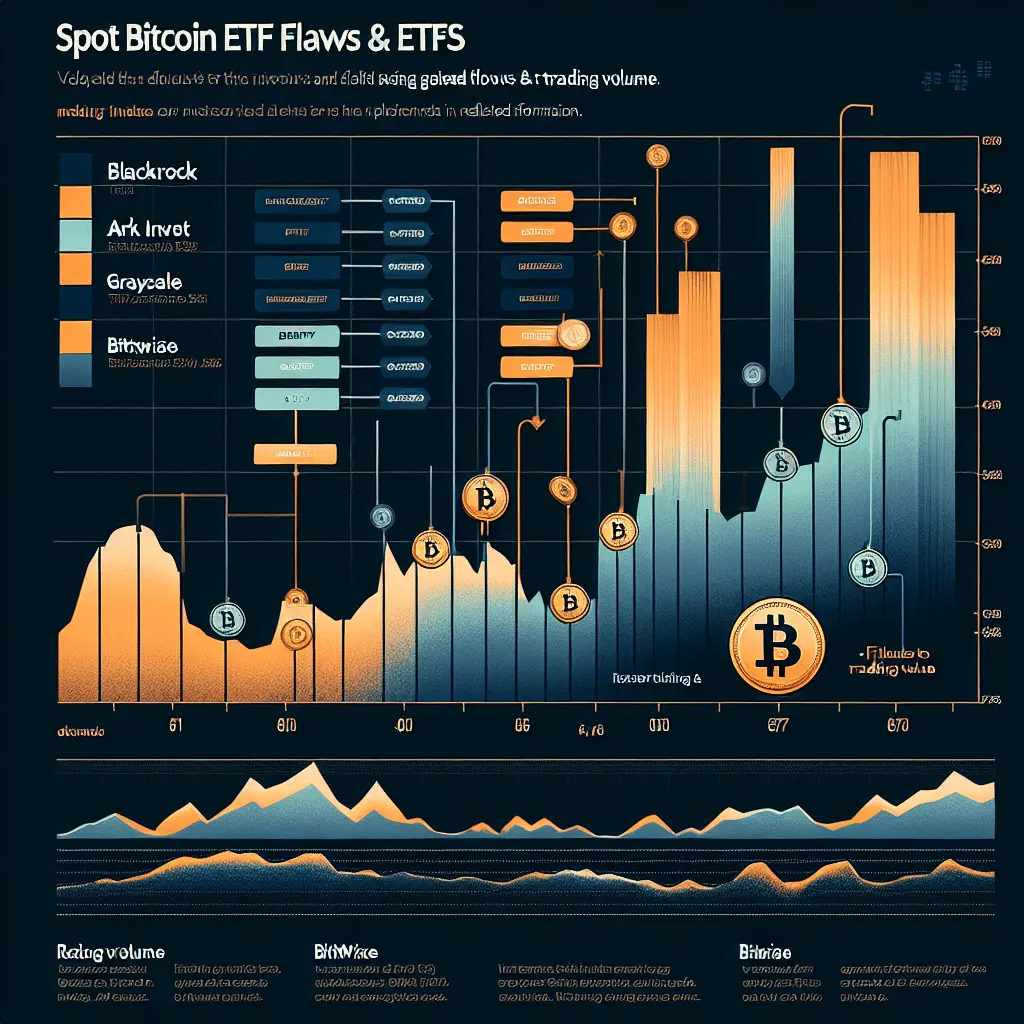 A financial infographic showing trading volume charts for Blackrock, Ark Invest, Grayscale, and Bitwise Bitcoin ETFs.