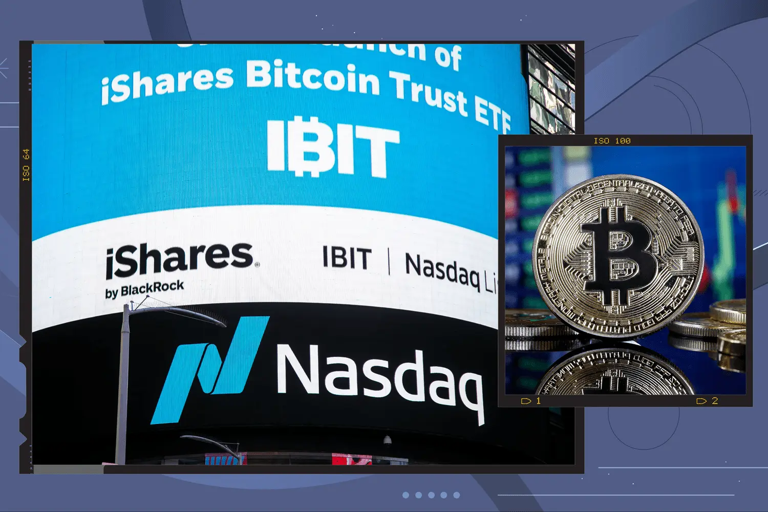 A Nasdaq screen displaying the iShares Bitcoin Trust ETF (IBIT) by BlackRock, alongside a close-up of a physical Bitcoin coin.