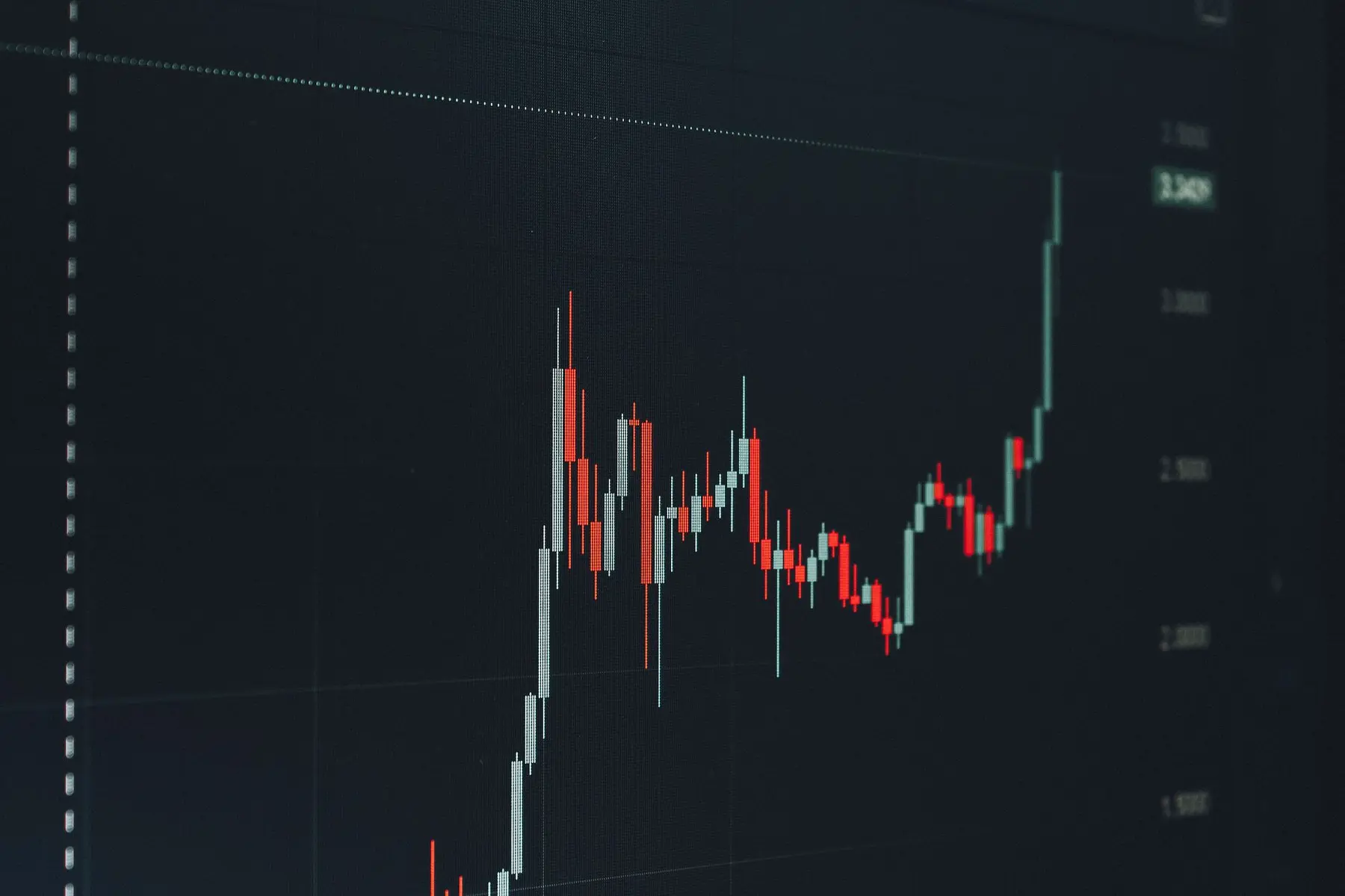 Close-up of a cryptocurrency candlestick trading chart with red and white bars on a dark background