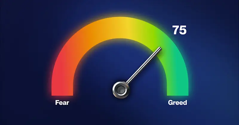 A gauge displaying the Crypto Fear and Greed Index with a needle pointing to 75 in the green greed zone.