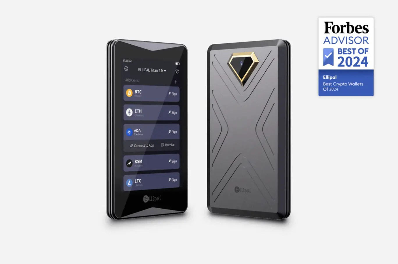 Front and back view of a black Ellipal Titan 2.0 hardware wallet with a screen displaying cryptocurrency assets.