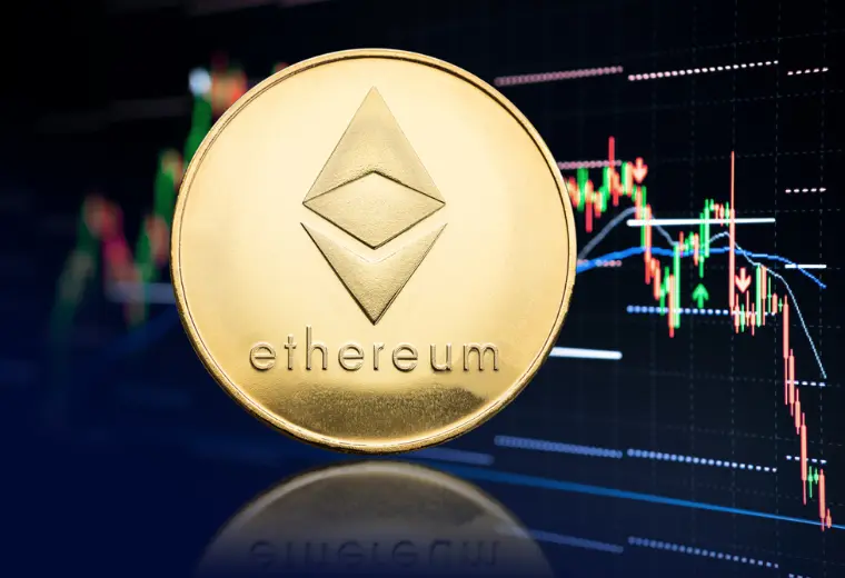Gold Ethereum cryptocurrency coin featuring the diamond-shaped logo over a digital financial trading chart