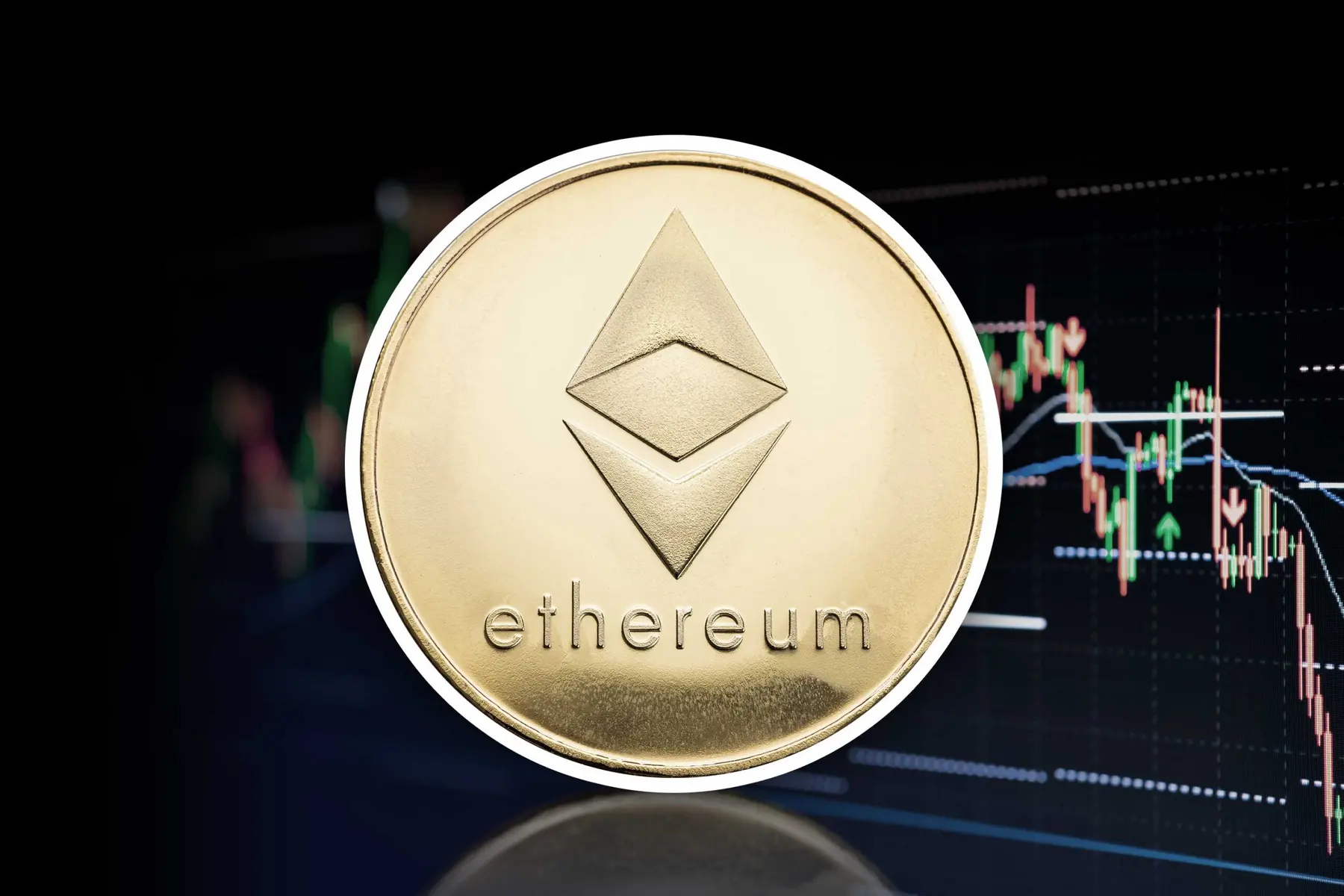 A gold Ethereum cryptocurrency coin centered over a dark background with a financial candlestick chart