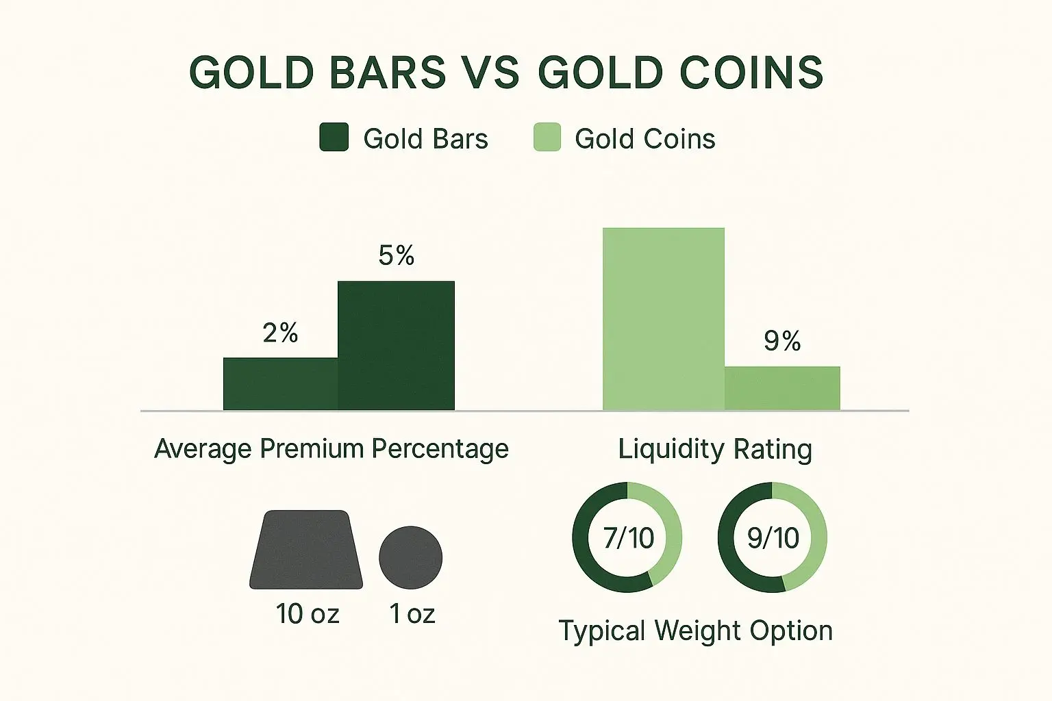 Infographic comparing gold bars and gold coins based on premium percentage, liquidity rating, and weight options.