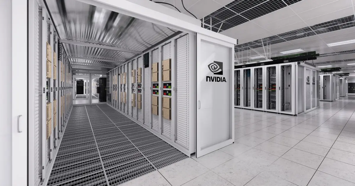 NVIDIA GPU server racks in a modern, clean white data center facility