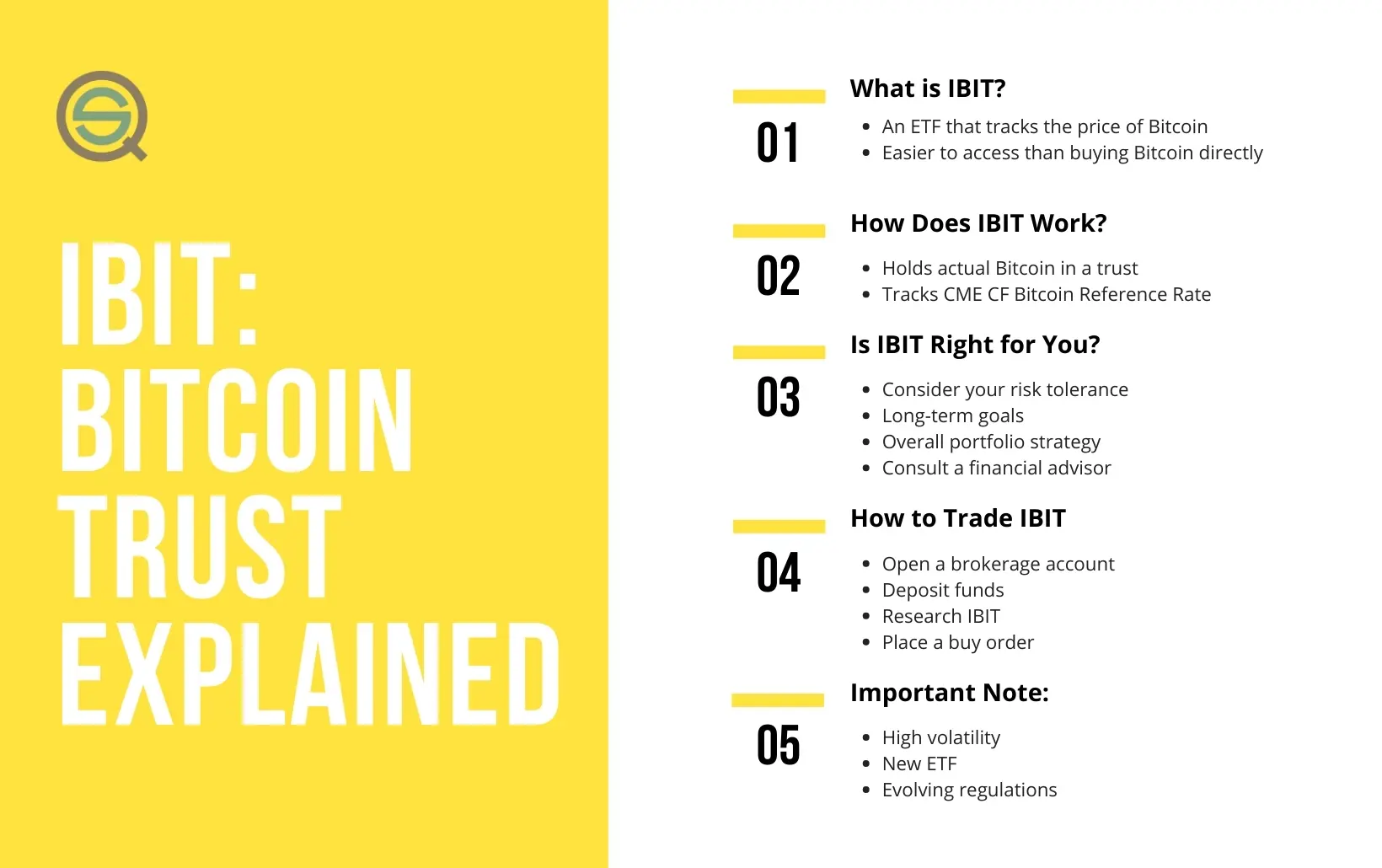 An educational infographic titled IBIT: Bitcoin Trust Explained with five key sections on the ETF.