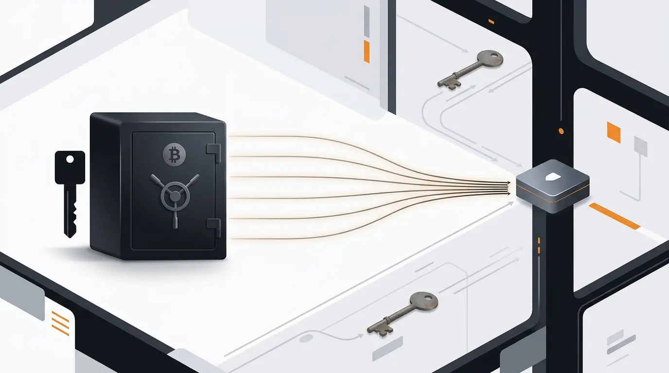 Editorial illustration of dormant Bitcoin wallets and old private keys linked by coordinated blockchain transactions