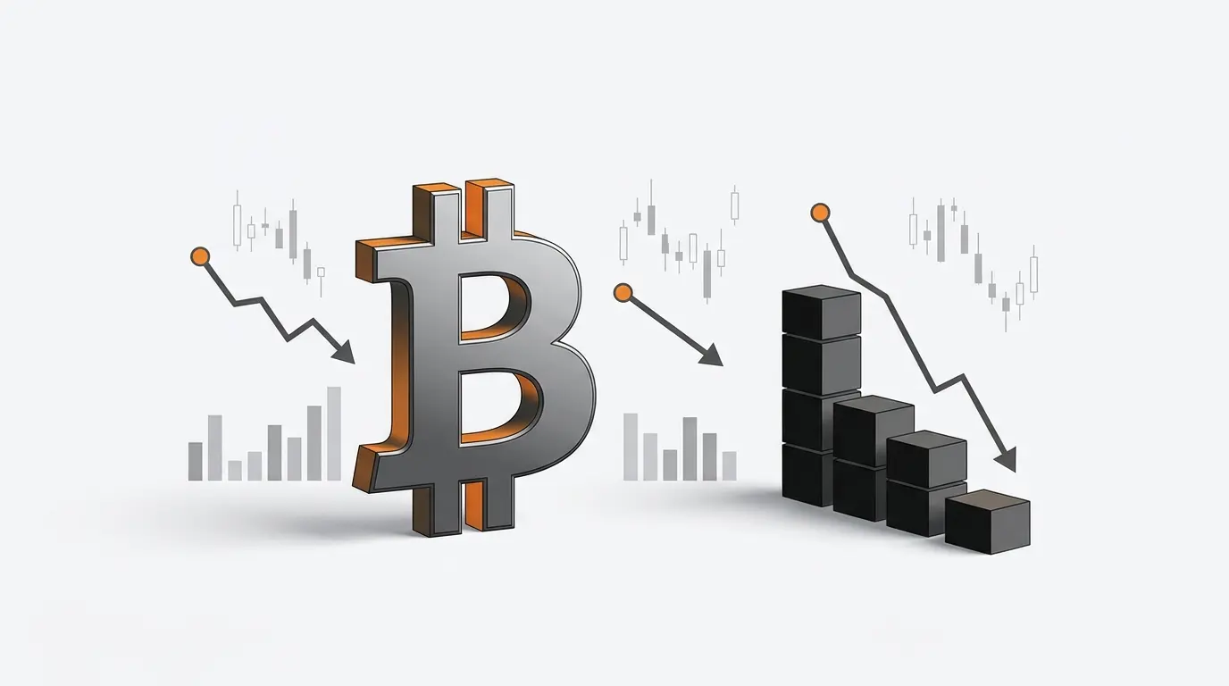 Bitcoin symbol beside a steep decline in open interest and futures leverage, shown in a clean market analysis illustration.
