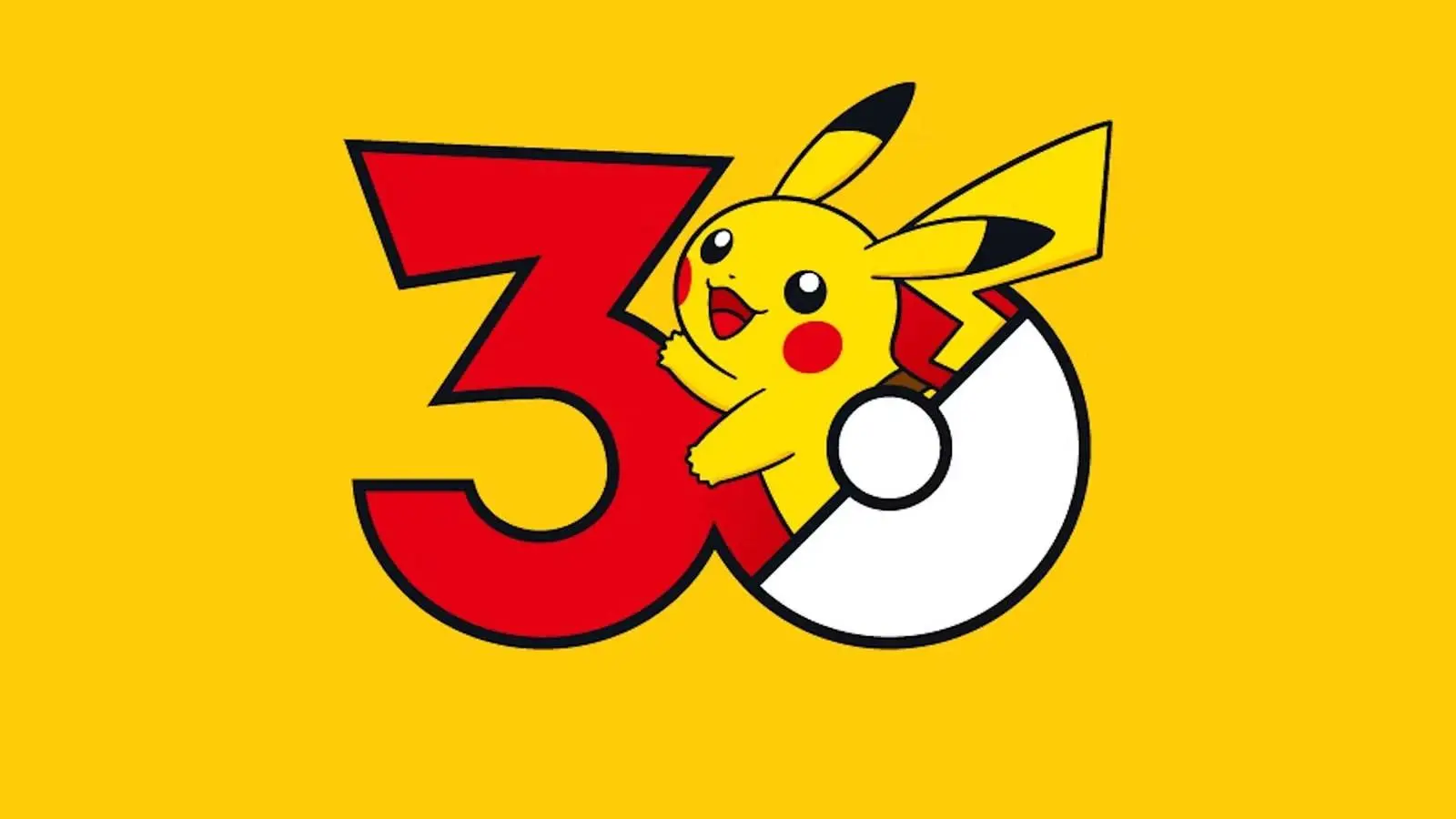 Pokemon 30th anniversary logo featuring a red number 3, Pikachu, and a Poké Ball on a yellow background