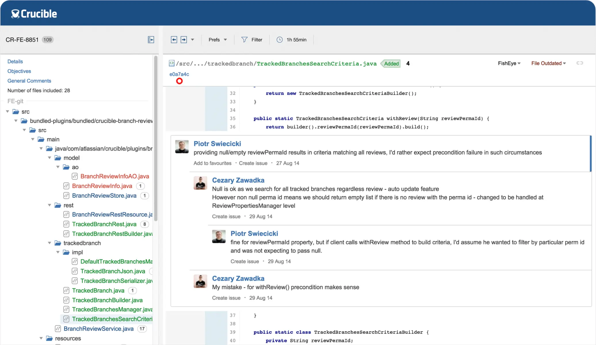 Screenshot of Atlassian Crucible code review interface showing a Java file diff and developer comments.