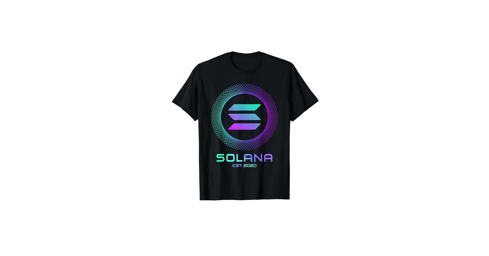 A black t-shirt featuring the Solana logo in a gradient of purple and teal, surrounded by a circular pattern.
