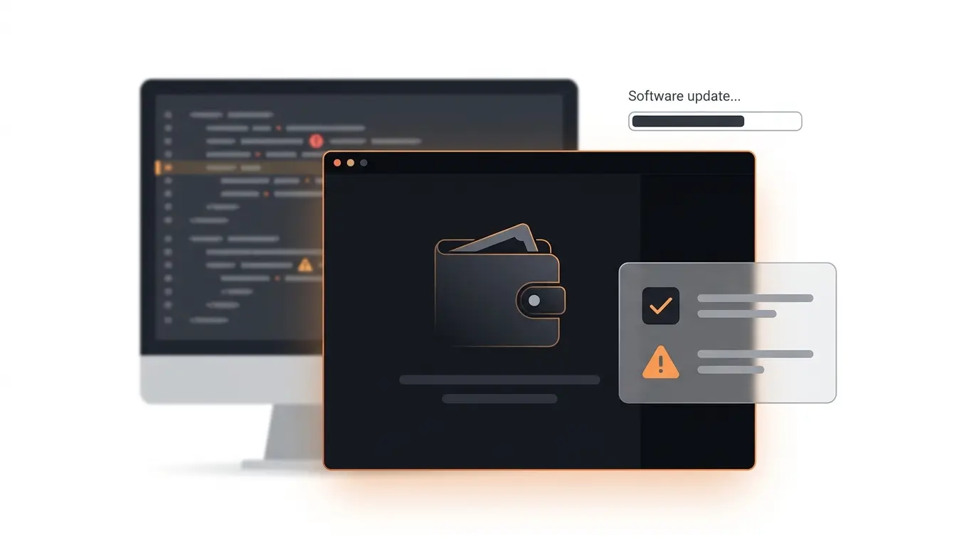 Sparrow Wallet software update shown alongside AI code alerts and human security review
