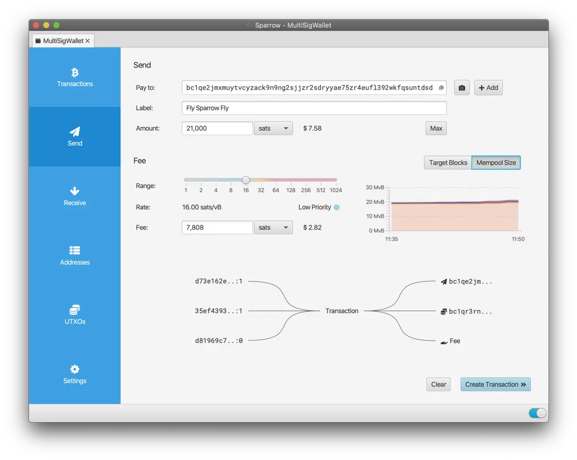 Screenshot of the Sparrow Wallet desktop interface showing the 'Send' transaction screen for a MultiSigWallet.