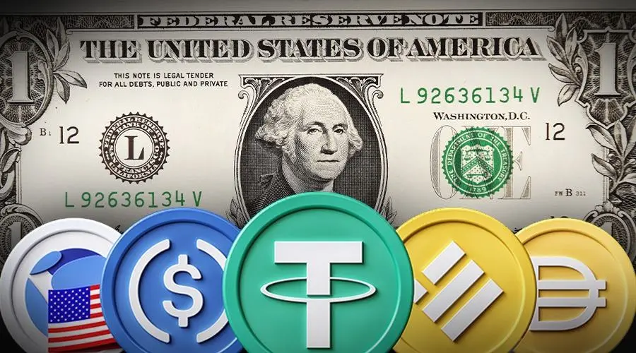 Digital cryptocurrency coins representing stablecoins in front of a US one dollar bill