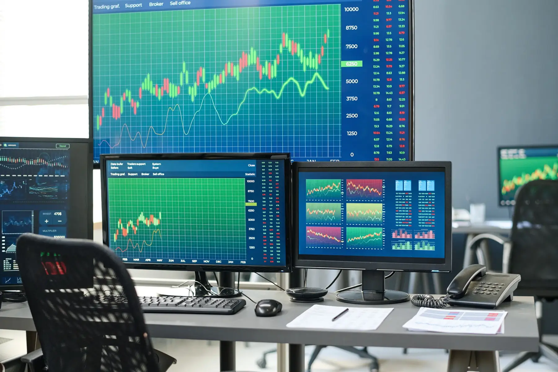 A professional trading workstation with multiple monitors displaying colorful candlestick charts and stock data