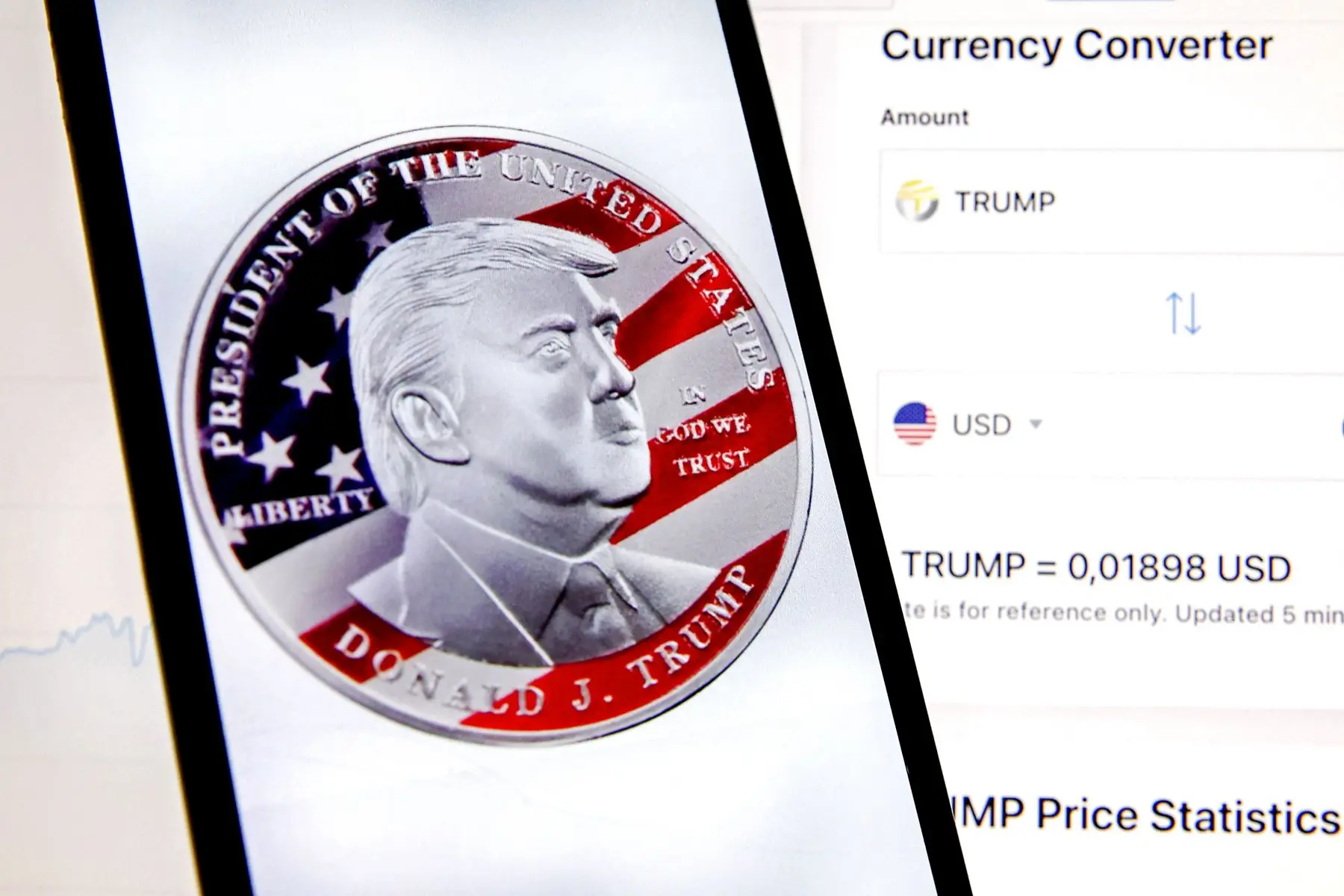 A close-up of a screen showing a Trump-themed cryptocurrency coin next to a currency converter for TRUMP to USD.
