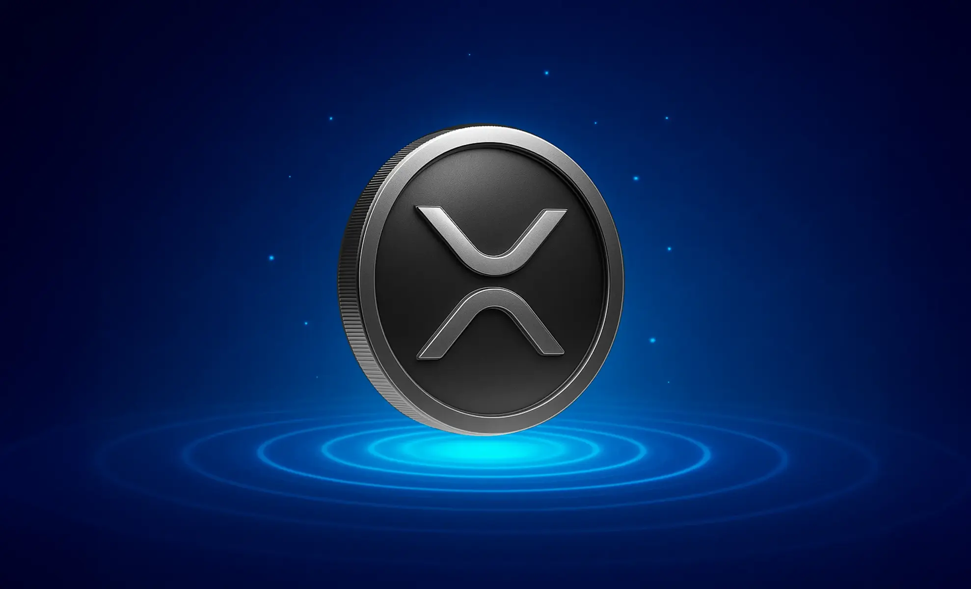 A 3D render of a dark grey XRP cryptocurrency coin hovering over glowing blue concentric circles.