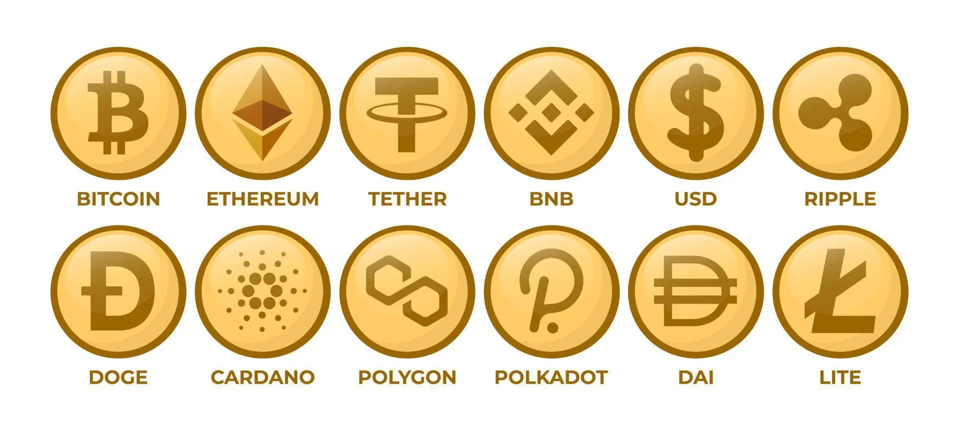 Golden 3D icons of various cryptocurrencies including Bitcoin, Ethereum, and Tether on a white background.