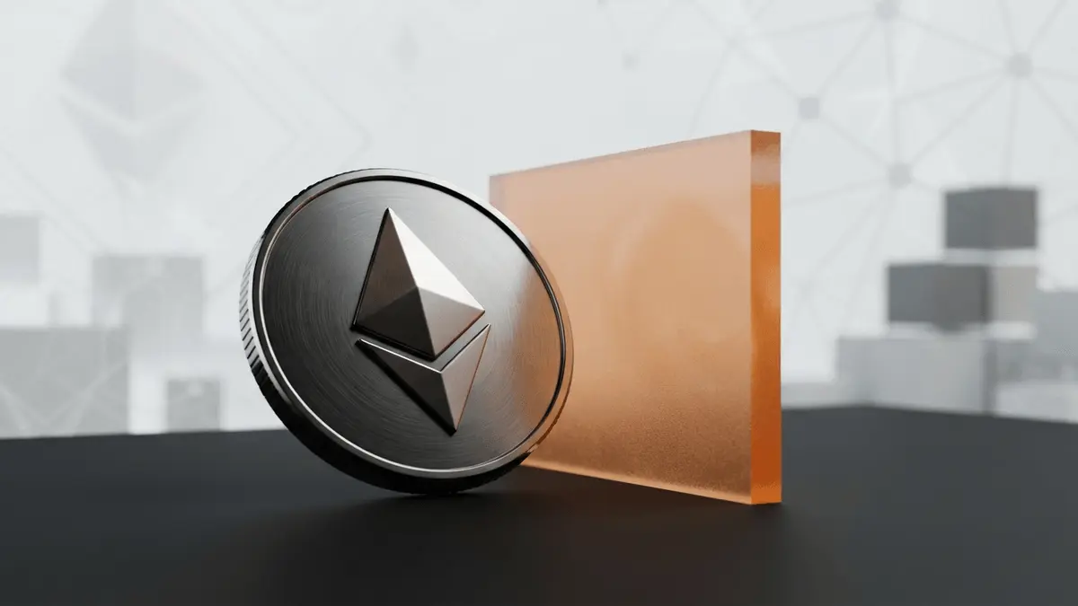 Moeda do Ethereum avançando em direção a uma barreira laranja que representa resistência técnica