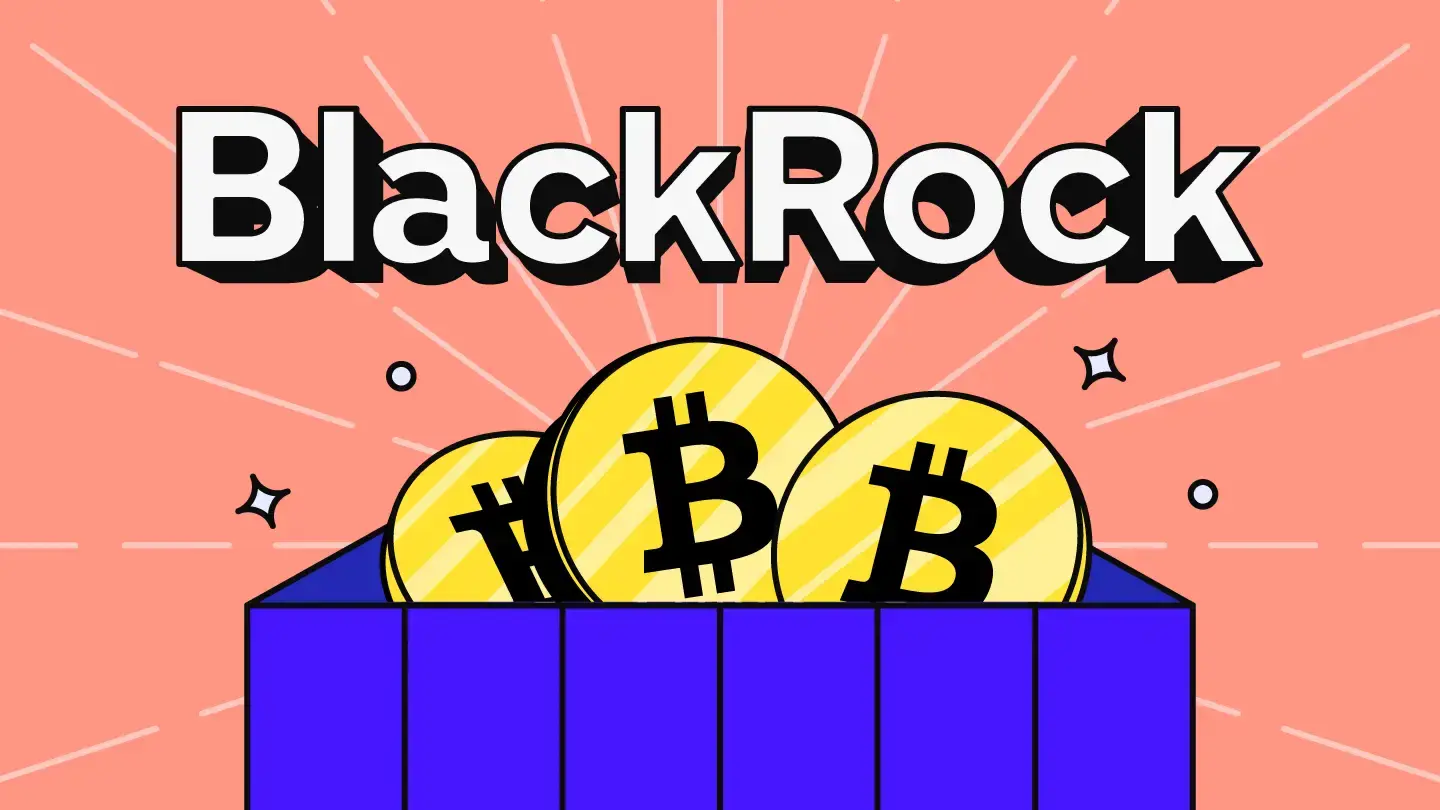 Illustration of the BlackRock logo above a blue box filled with golden Bitcoin coins