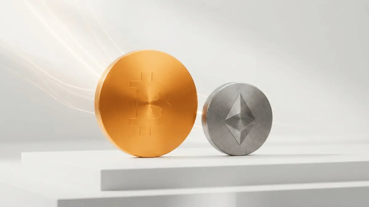 Formas abstratas representam entradas institucionais em ETFs spot de Bitcoin e Ethereum, com fluxo maior no Bitcoin.