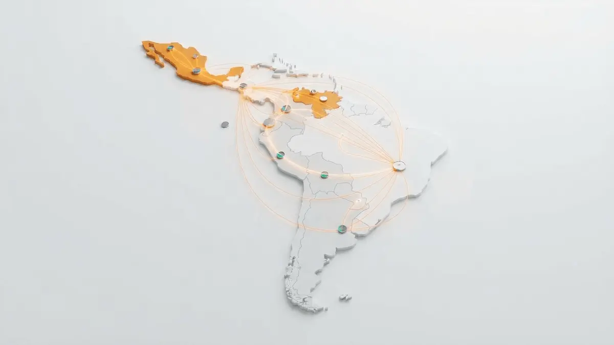 Mapa abstrato da América Latina destacando fluxos de stablecoins entre Brasil, México e Venezuela