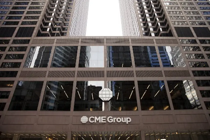 Low angle view of the CME Group headquarters building facade in Chicago