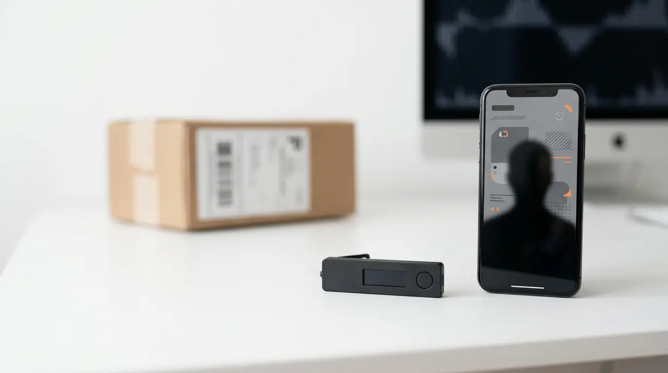 Carteira de hardware ao lado de celular em cena editorial sobre phishing e vazamento de dados da Trezor