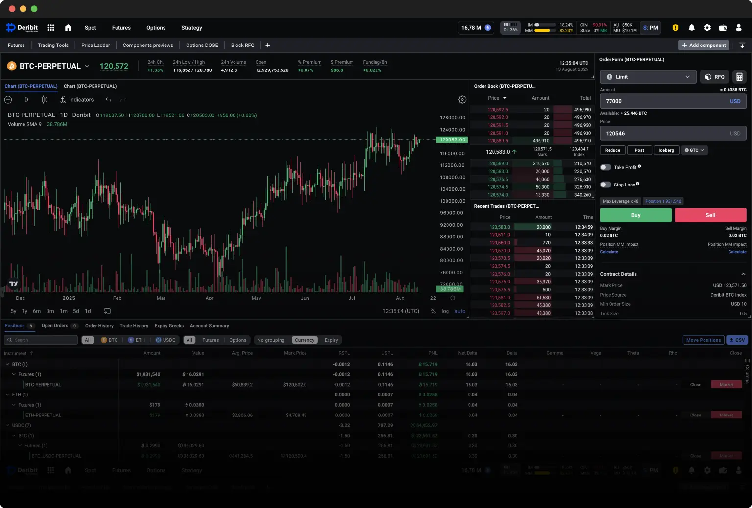Screenshot of the Deribit trading platform showing BTC-PERPETUAL price charts and order books.