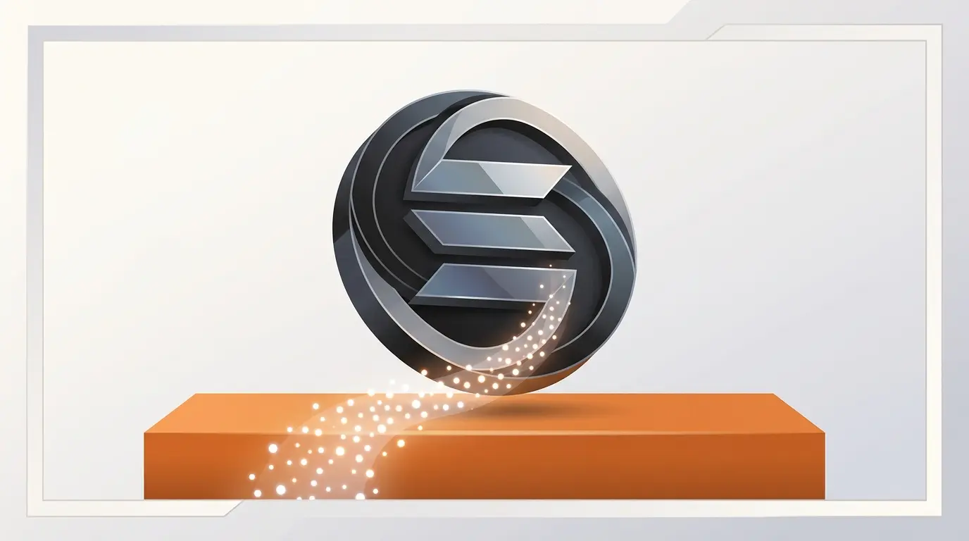 Token inspirado na Solana sobre suporte laranja, com fluxo luminoso representando entradas em ETFs