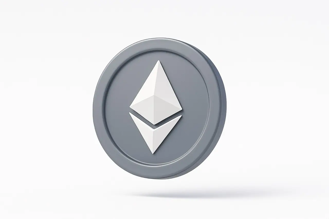 3D render of a grey Ethereum token featuring the white octahedron logo on a white background
