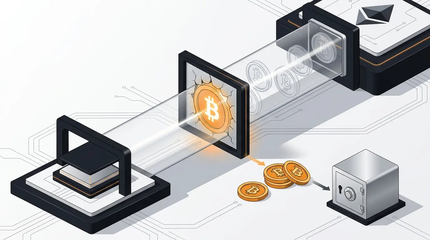 Ilustração de ponte cross-chain emitindo tokens de bitcoin sintéticos sem lastro
