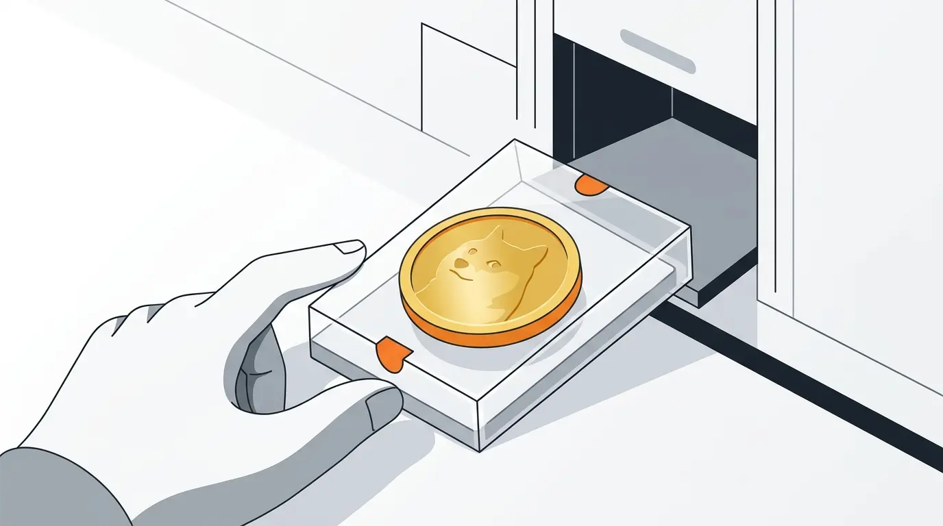 Ilustração de uma moeda de criptomoeda sendo retirada de uma estrutura de fundo de investimento